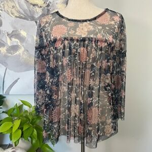 Womens Top Large Floral Sheer Mesh‎ Boho Fairy Whimsigoth Dark Coquette Grunge